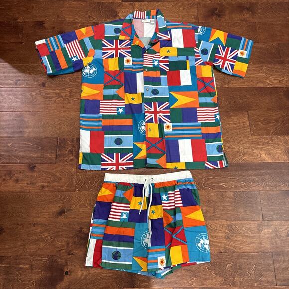 VTG 80's Gottex KOREA Men's Button-up Vacation Flags Shirt & Shorts Set Large
